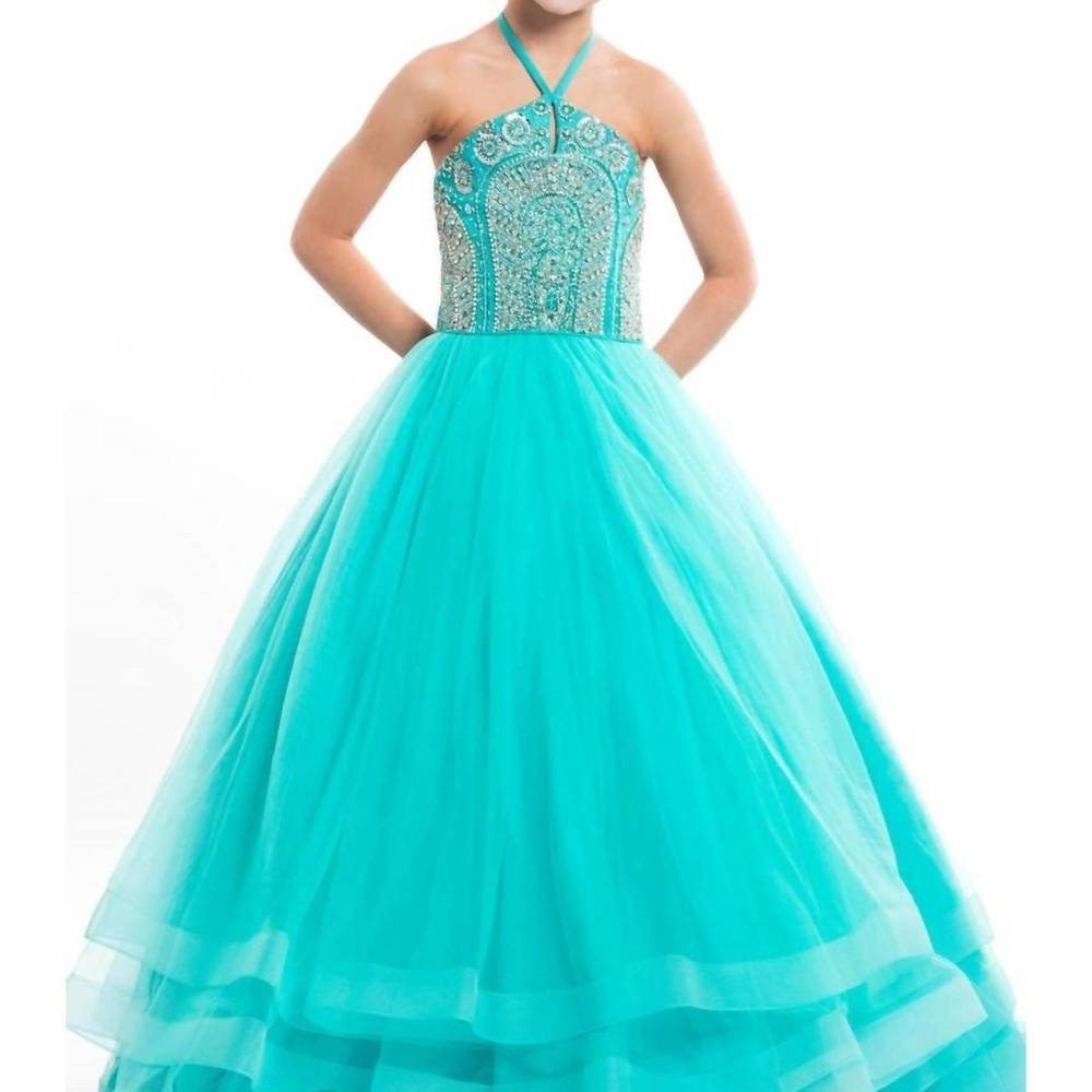 NEW RACHEL ALLAN beaded halterneck pageant ball gown in tiffany blue